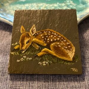 Hand Painted Deer on Small Slate Freelance Artwork by Roxanne